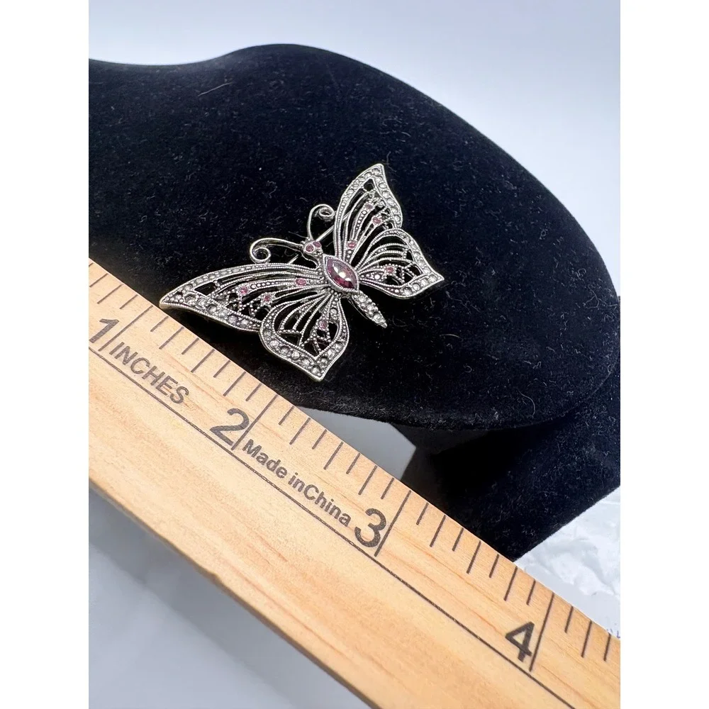 VTG Signed LIA Butterfly Brooch Pink Rhinestones Faux Marcasite Silver Tone